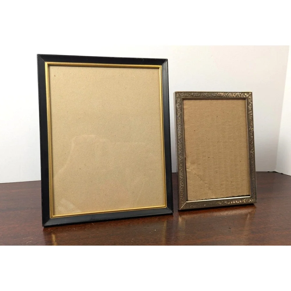 Vintage Picture Frames Black Gold & Brushed Gold Tone Metal 5x7 8x10 Lot of 2